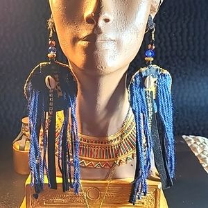 6 inches denim fabric yarn fringes earrings